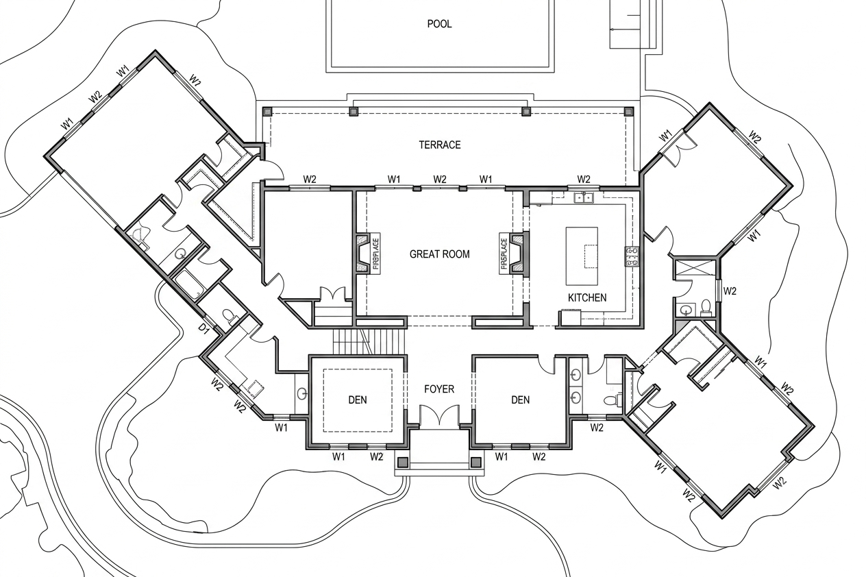 First floor - great room, kitchen, pool house
